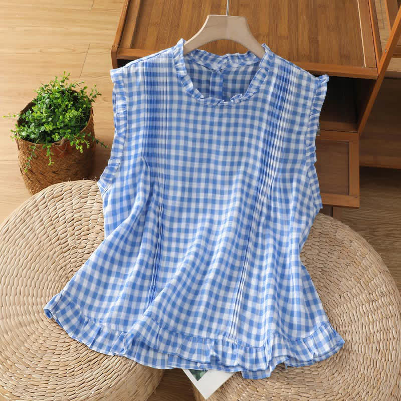 Camiseta sin mangas para mujer con cuello redondo, volantes y botones en la espalda, con estampado de cuadros veraniegos y Buddha Stones. - Azul aciano - US8-10，UK/AU12-14，EU40-42 (2XL) - image 2