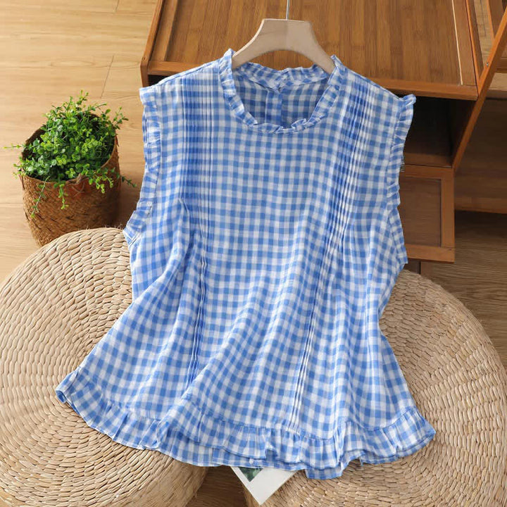 Camiseta sin mangas para mujer con cuello redondo, volantes y botones en la espalda, con estampado de cuadros veraniegos y Buddha Stones. - Azul aciano - US8-10，UK/AU12-14，EU40-42 (2XL) - image 2