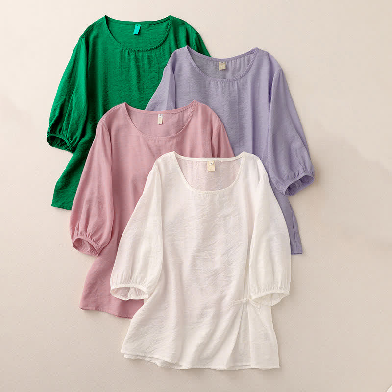Buddha Stones Camiseta de mujer de manga corta abullonada con diseño de botones de rana y color liso. - image 18