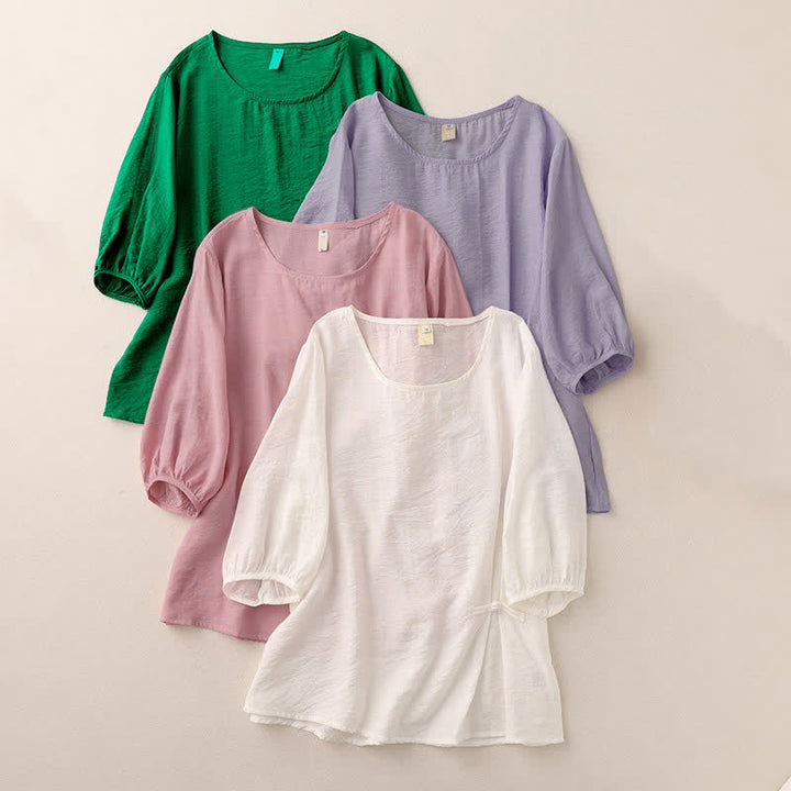Buddha Stones Camiseta de mujer de manga corta abullonada con diseño de botones de rana y color liso. - image 18