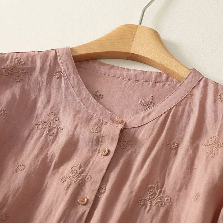 Buddha Stones Camisa retro de manga corta para mujer con botones y bordado floral. - image 6