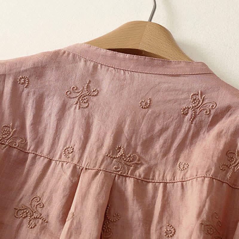 Buddha Stones Camisa retro de manga corta para mujer con botones y bordado floral. - image 7