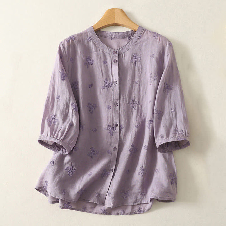 Buddha Stones Camisa retro de manga corta para mujer con botones y bordado floral. - Morado medio - US8-10，UK/AU12-14，EU40-42 (2XL) - image 0