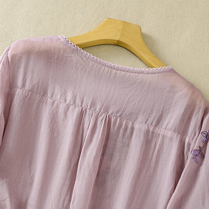 Buddha Stones Camisa de mujer de manga corta y cuello redondo con bordado retro y estampado floral. - image 25