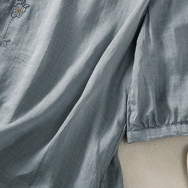 Buddha Stones Camisa de mujer de manga corta y cuello redondo con bordado retro y estampado floral. - image 11