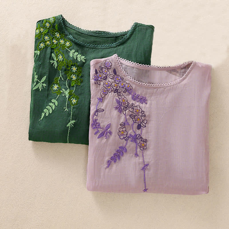 Buddha Stones Camisa de mujer de manga corta y cuello redondo con bordado retro y estampado floral. - image 31