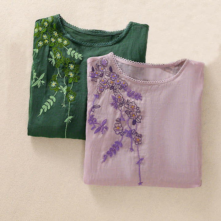 Buddha Stones Camisa de mujer de manga corta y cuello redondo con bordado retro y estampado floral. - image 31