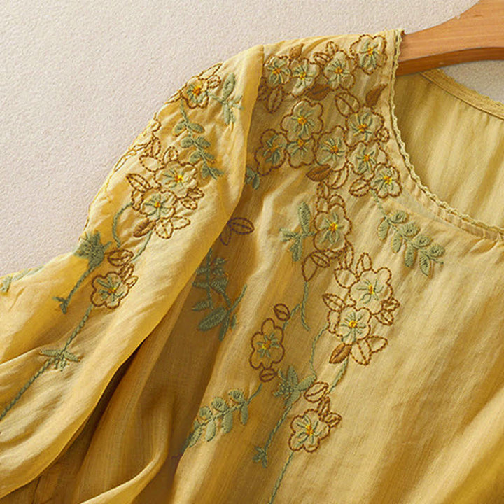 Buddha Stones Camisa de mujer de manga corta y cuello redondo con bordado retro y estampado floral. - image 18