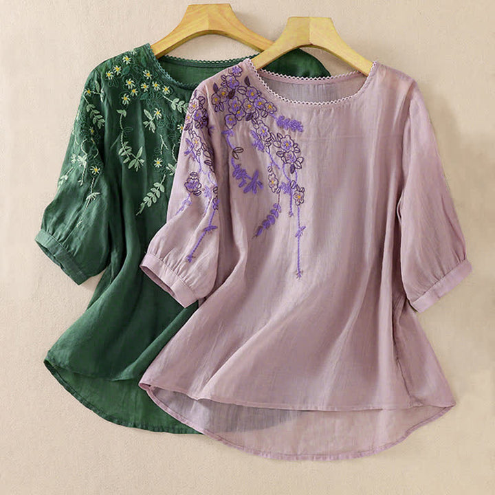 Buddha Stones Camisa de mujer de manga corta y cuello redondo con bordado retro y estampado floral. - image 30