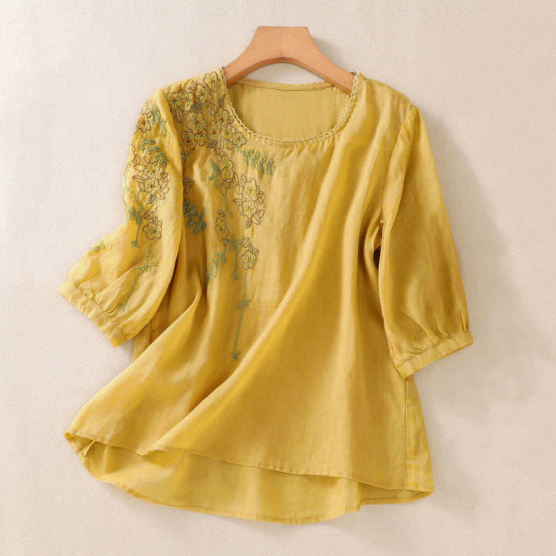 Buddha Stones Camisa de mujer de manga corta y cuello redondo con bordado retro y estampado floral. - Oro - US8-10，UK/AU12-14，EU40-42 (2XL) - image 14