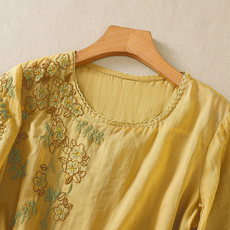 Buddha Stones Camisa de mujer de manga corta y cuello redondo con bordado retro y estampado floral. - image 16