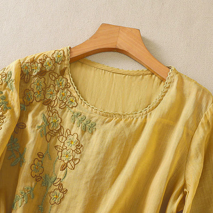 Buddha Stones Camisa de mujer de manga corta y cuello redondo con bordado retro y estampado floral. - image 16