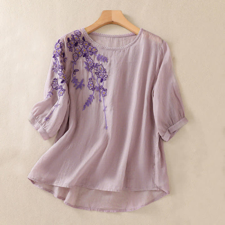 Buddha Stones Camisa de mujer de manga corta y cuello redondo con bordado retro y estampado floral. - Ciruela - US8-10，UK/AU12-14，EU40-42 (2XL) - image 24