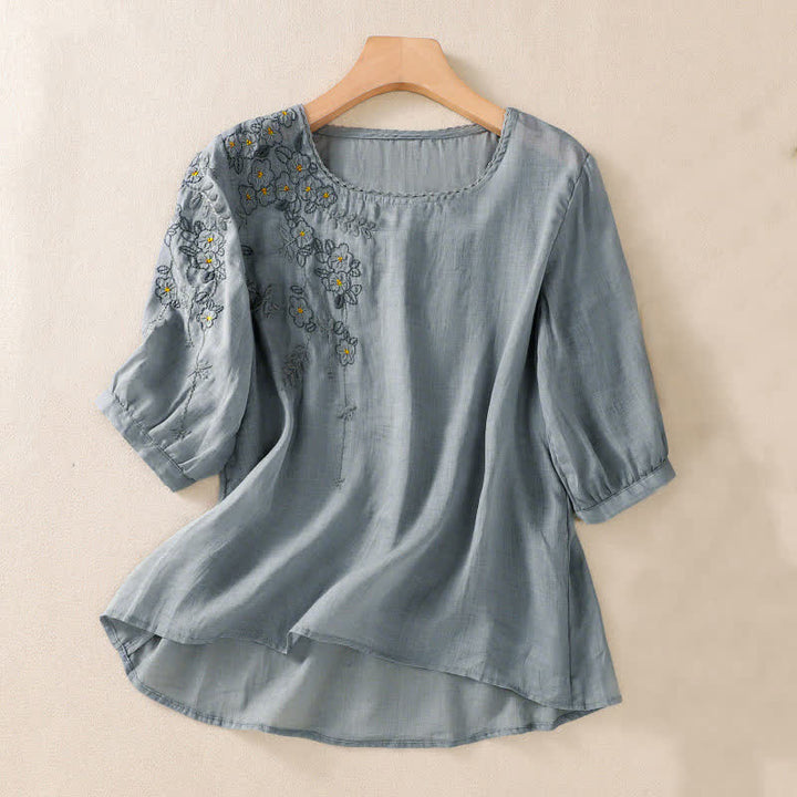 Buddha Stones Camisa de mujer de manga corta y cuello redondo con bordado retro y estampado floral. - Azul acero claro - US8-10，UK/AU12-14，EU40-42 (2XL) - image 7