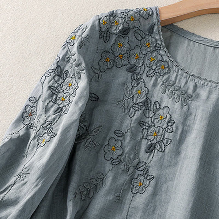 Buddha Stones Camisa de mujer de manga corta y cuello redondo con bordado retro y estampado floral. - image 10