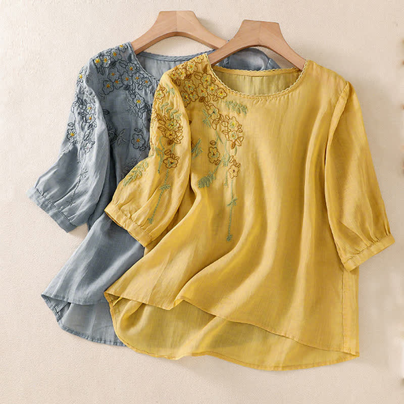 Buddha Stones Camisa de mujer de manga corta y cuello redondo con bordado retro y estampado floral. - image 32