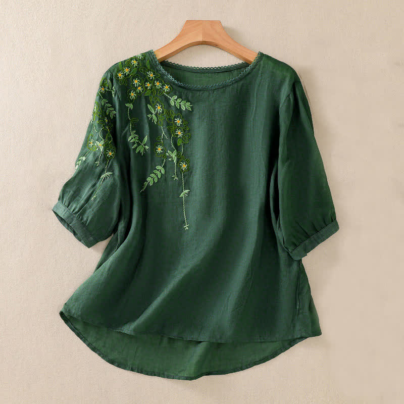 Buddha Stones Camisa de mujer de manga corta y cuello redondo con bordado retro y estampado floral. - Verde oscuro - US8-10，UK/AU12-14，EU40-42 (2XL) - image 0