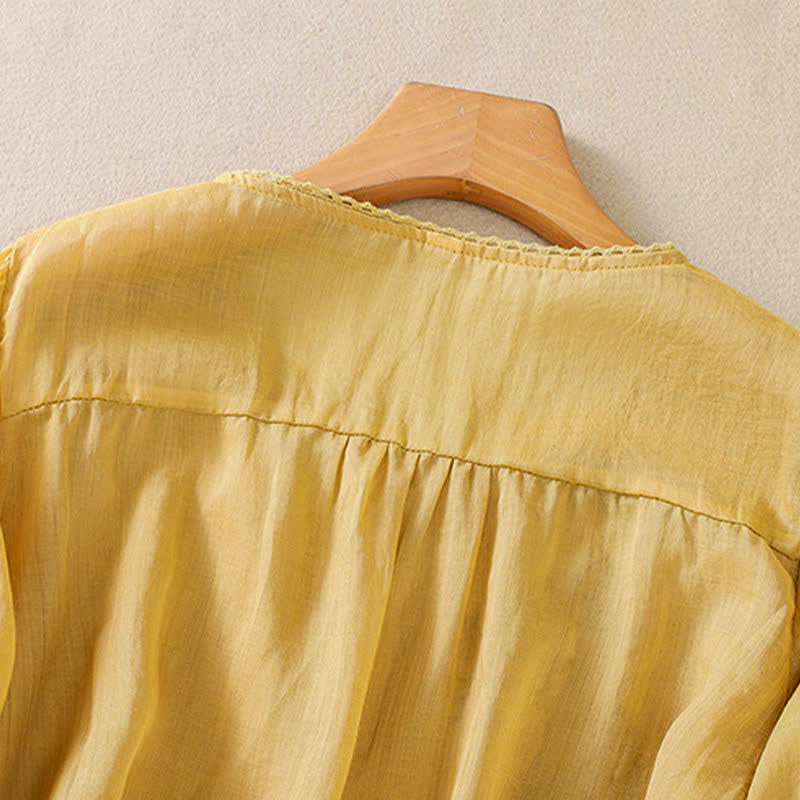 Buddha Stones Camisa de mujer de manga corta y cuello redondo con bordado retro y estampado floral. - image 17