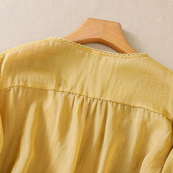 Buddha Stones Camisa de mujer de manga corta y cuello redondo con bordado retro y estampado floral. - image 17