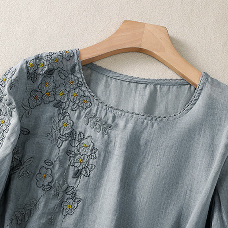 Buddha Stones Camisa de mujer de manga corta y cuello redondo con bordado retro y estampado floral. - image 8