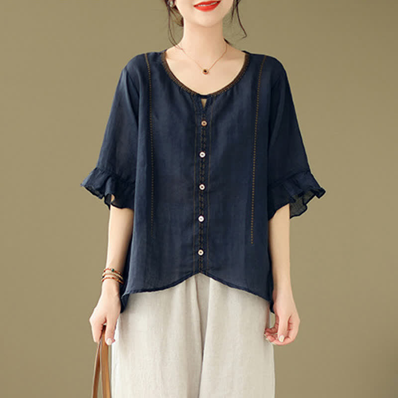 Buddha Stones Camisa de mujer de manga corta acampanada con cuello redondo y botones bordados - image 14