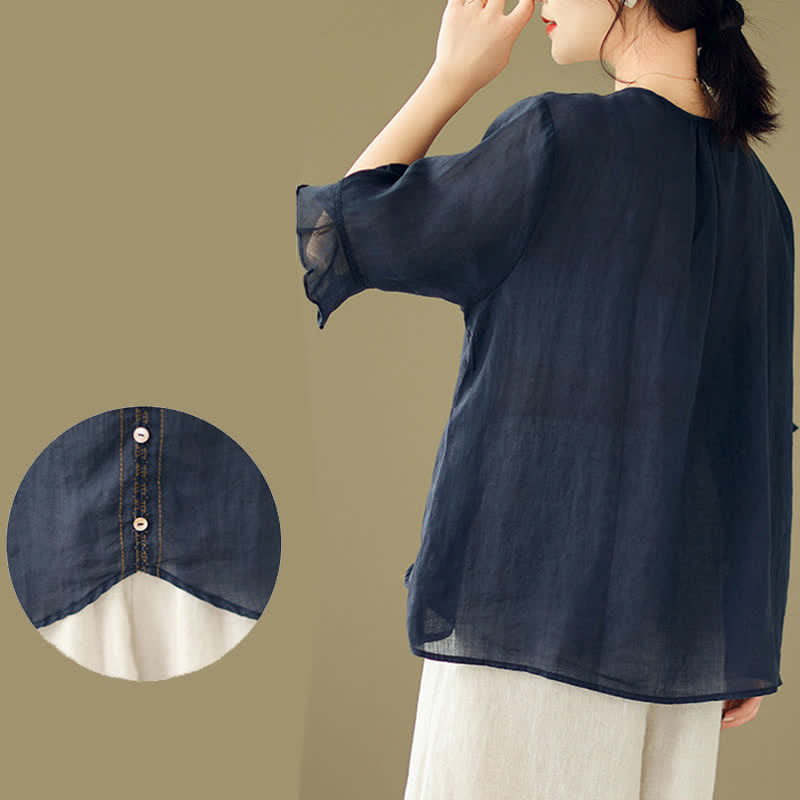 Buddha Stones Camisa de mujer de manga corta acampanada con cuello redondo y botones bordados - image 17
