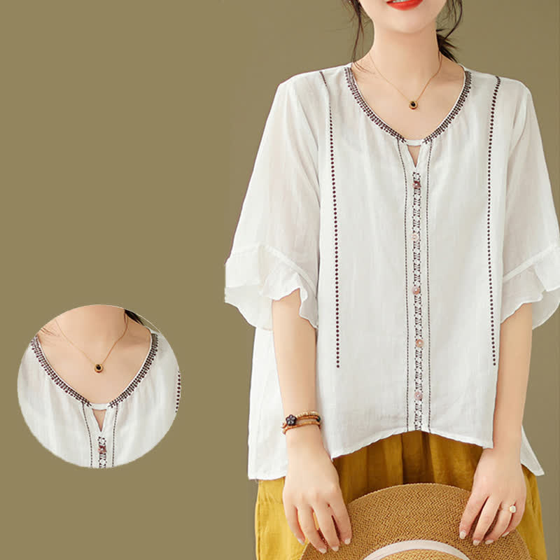 Buddha Stones Camisa de mujer de manga corta acampanada con cuello redondo y botones bordados - image 4