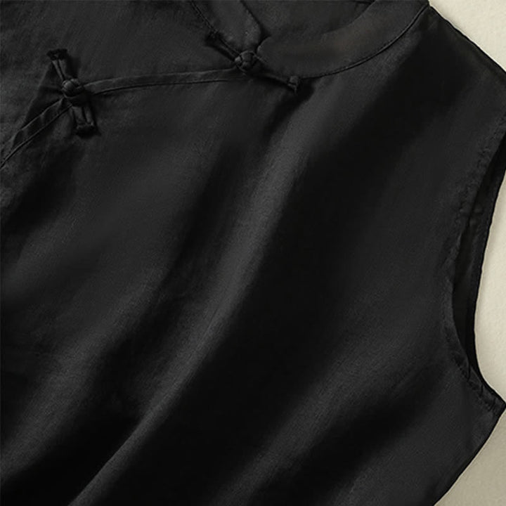 Buddha Stones Chaleco sin mangas de verano estilo retro con cuello alto y botones de rana para mujer - image 17