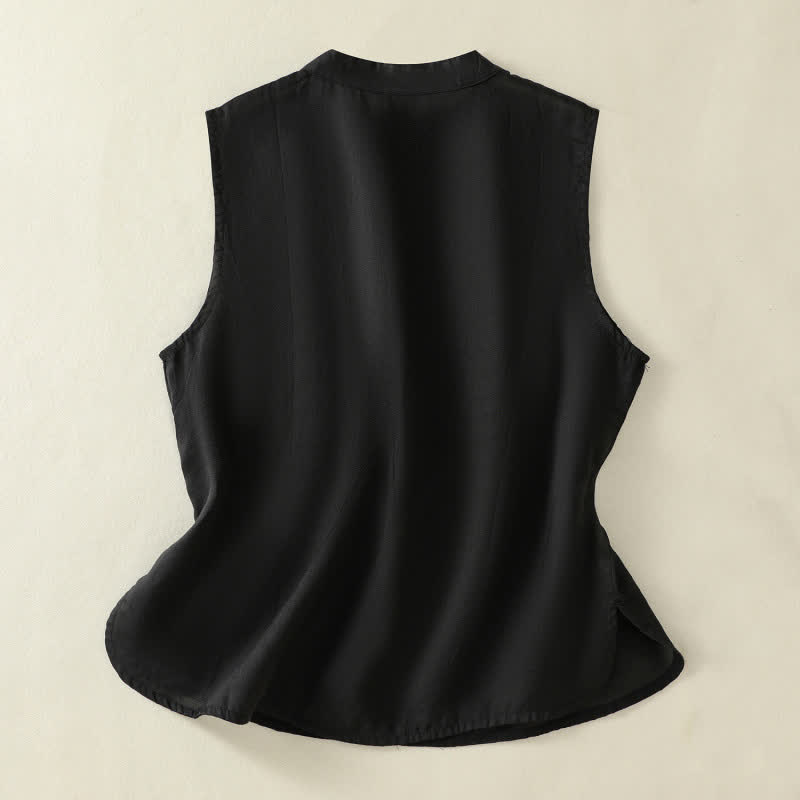 Buddha Stones Chaleco sin mangas de verano estilo retro con cuello alto y botones de rana para mujer - image 14