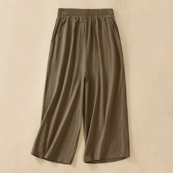 Buddha Stones Pantalones capri de algodón de talle alto y pierna ancha con bolsillos para mujer. - image 0