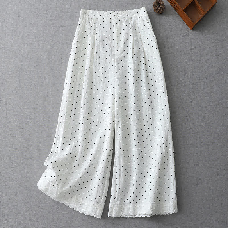 Buddha Stones Pantalones capri de mujer de algodón con estampado de lunares, encaje y patchwork, de pierna ancha y con bolsillos. - Blanco - US8-10，UK/AU12-14，EU40-42 (2XL) - image 4