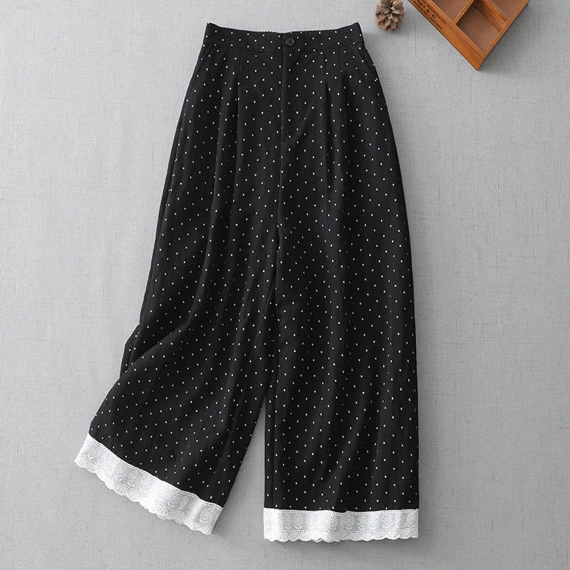 Buddha Stones Pantalones capri de mujer de algodón con estampado de lunares, encaje y patchwork, de pierna ancha y con bolsillos. - Negro - US8-10，UK/AU12-14，EU40-42 (2XL) - image 0