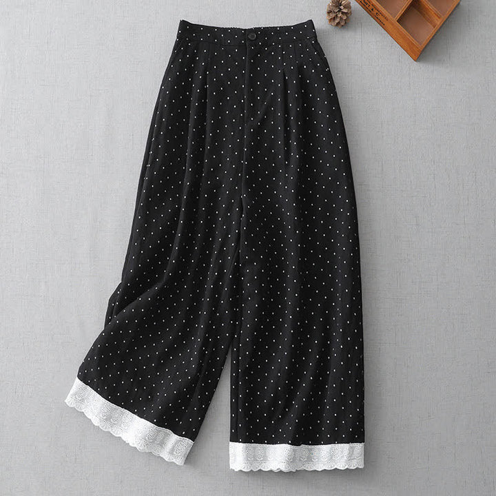 Buddha Stones Pantalones capri de mujer de algodón con estampado de lunares, encaje y patchwork, de pierna ancha y con bolsillos. - Negro - US8-10，UK/AU12-14，EU40-42 (2XL) - image 0