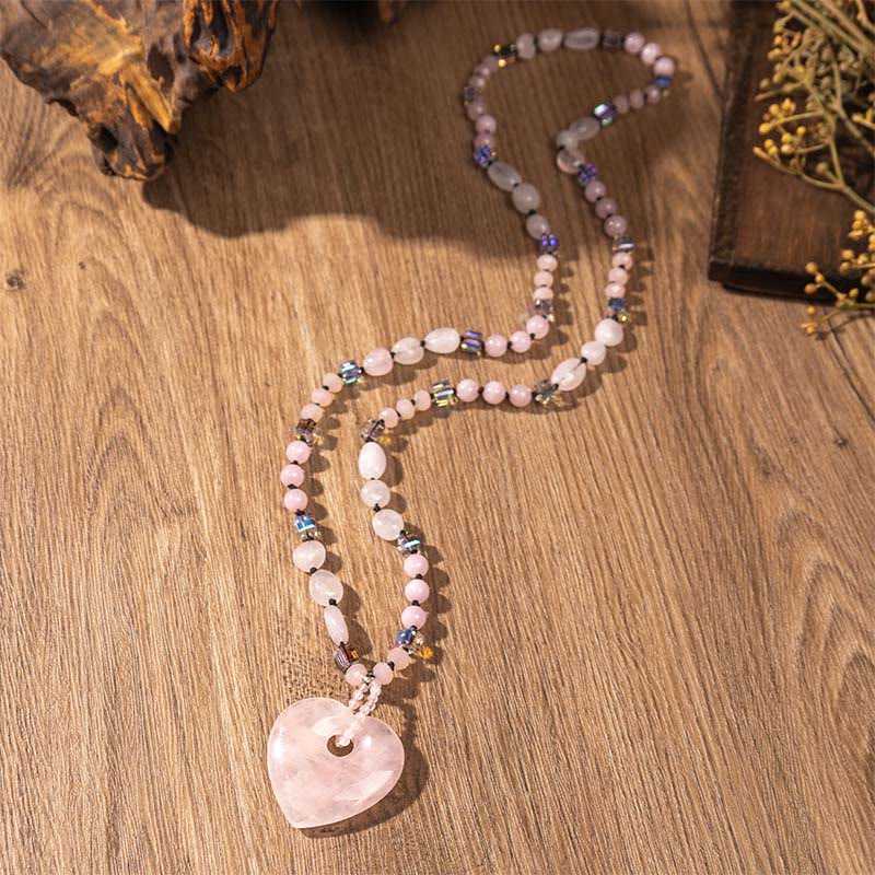 Buddha Stones Collar con colgante de cuentas de corazón de aventurina verde y cuarzo rosa, amuleto de la suerte. - Cuarzo rosa - image 1
