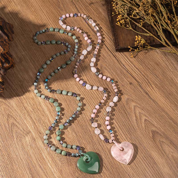 Buddha Stones Collar con colgante de cuentas de corazón de aventurina verde y cuarzo rosa, amuleto de la suerte. - image 8