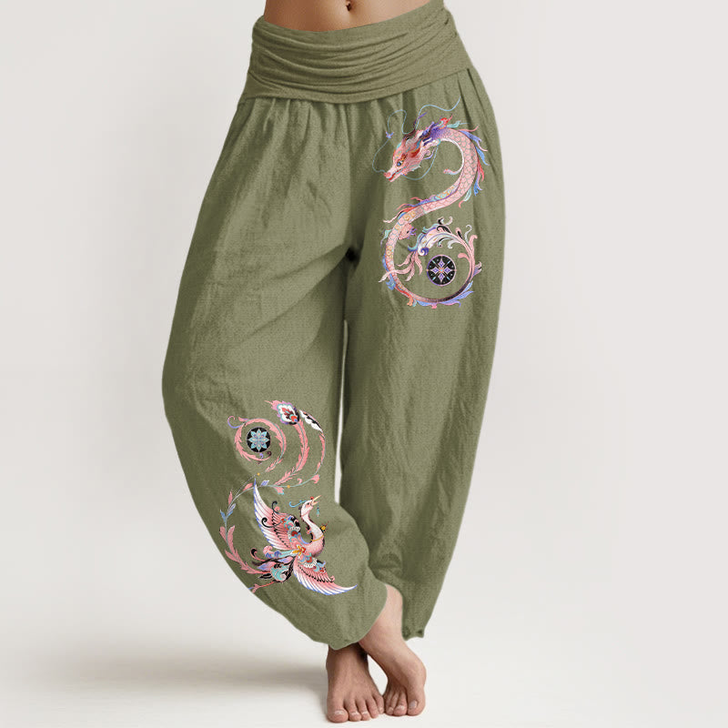 Buddha Stones Pantalones harem de algodón con estampado de dragón volador y fénix para mujer con cintura elástica. - Verde oliva - US16，UK/AU20，EU48 (3XL) - image 14