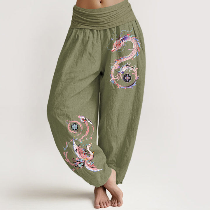 Buddha Stones Pantalones harem de algodón con estampado de dragón volador y fénix para mujer con cintura elástica. - Verde oliva - US16，UK/AU20，EU48 (3XL) - image 14