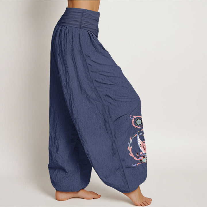 Buddha Stones Pantalones harem de algodón con estampado de dragón volador y fénix para mujer con cintura elástica. - image 9