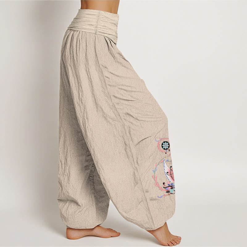 Buddha Stones Pantalones harem de algodón con estampado de dragón volador y fénix para mujer con cintura elástica. - image 6