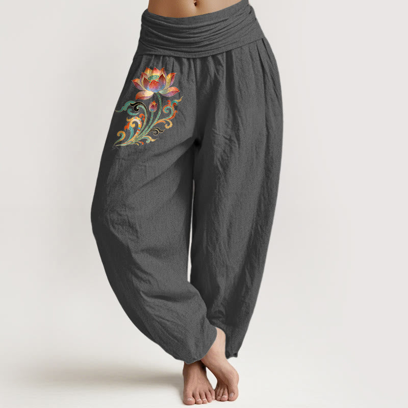Buddha Stones Pantalones harem de algodón con estampado de flor de loto de colores para mujer con cintura elástica. - Gris oscuro - US16，UK/AU20，EU48 (3XL) - image 8