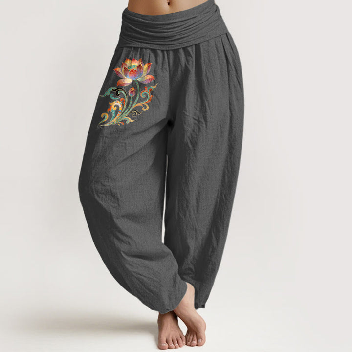 Buddha Stones Pantalones harem de algodón con estampado de flor de loto de colores para mujer con cintura elástica. - Gris oscuro - US16，UK/AU20，EU48 (3XL) - image 8
