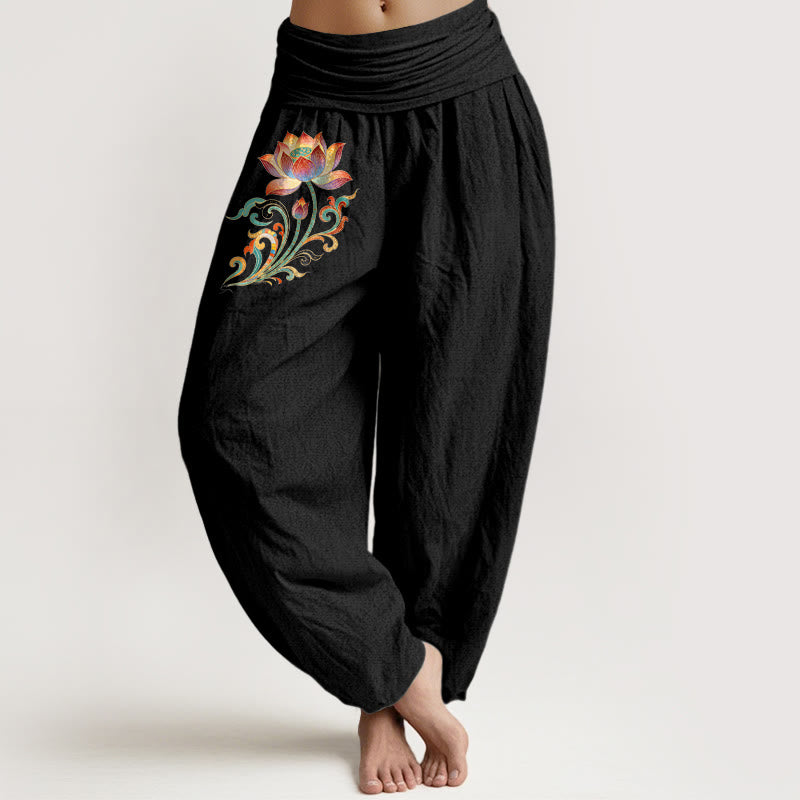 Buddha Stones Pantalones harem de algodón con estampado de flor de loto de colores para mujer con cintura elástica. - Negro - US16，UK/AU20，EU48 (3XL) - image 5