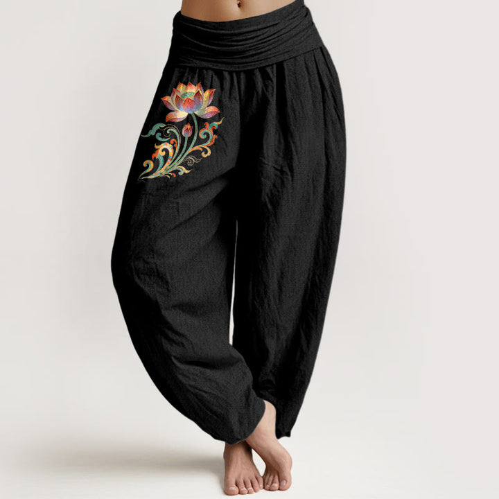 Buddha Stones Pantalones harem de algodón con estampado de flor de loto de colores para mujer con cintura elástica. - Negro - US16，UK/AU20，EU48 (3XL) - image 5