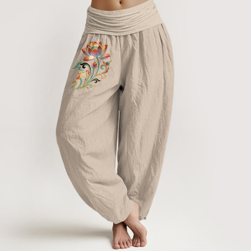 Buddha Stones Pantalones harem de algodón con estampado de flor de loto de colores para mujer con cintura elástica. - Broncearse - US16，UK/AU20，EU48 (3XL) - image 11