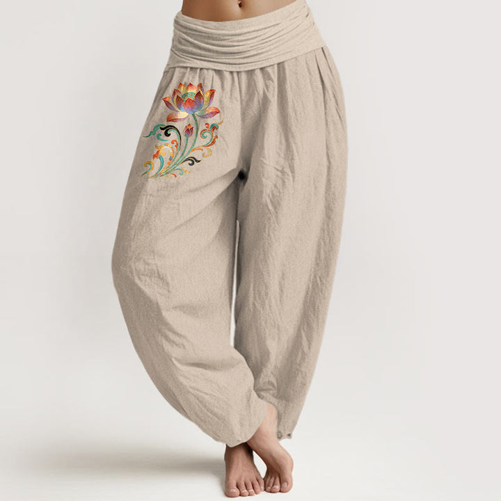 Buddha Stones Pantalones harem de algodón con estampado de flor de loto de colores para mujer con cintura elástica. - Broncearse - US16，UK/AU20，EU48 (3XL) - image 11