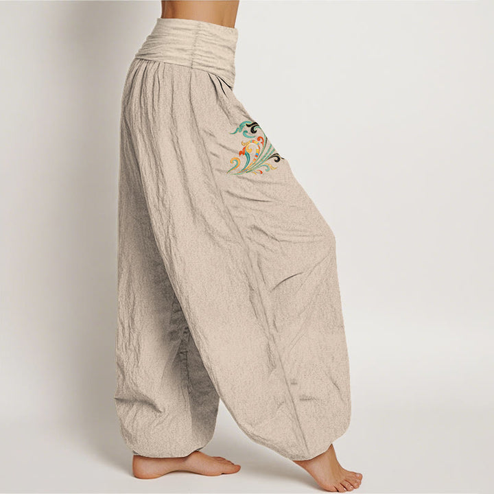 Buddha Stones Pantalones harem de algodón con estampado de flor de loto de colores para mujer con cintura elástica. - image 13