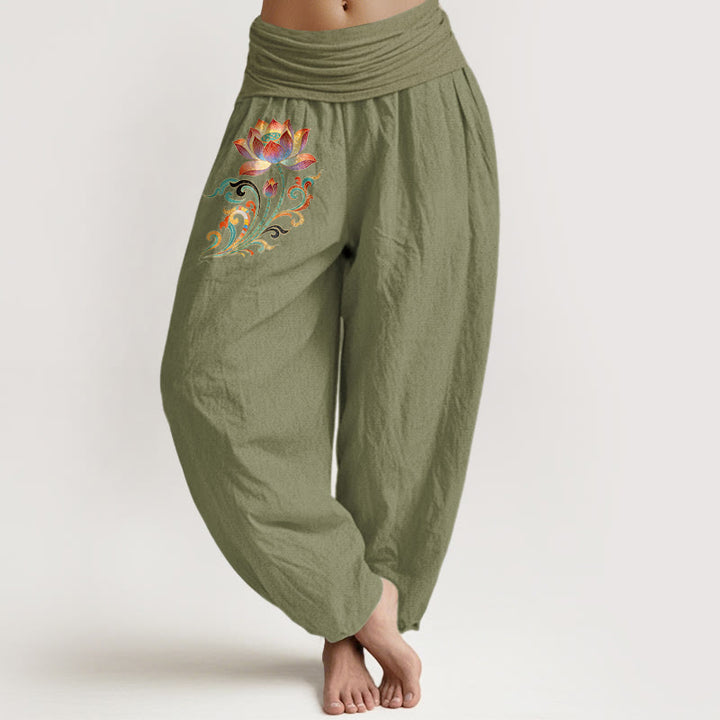 Buddha Stones Pantalones harem de algodón con estampado de flor de loto de colores para mujer con cintura elástica. - Verde oliva - US16，UK/AU20，EU48 (3XL) - image 14