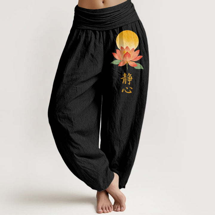 Buddha Stones Pantalones harem de algodón con estampado de flor de loto y luna llena para mujer, con cintura elástica. - Negro - US16，UK/AU20，EU48 (3XL) - image 0