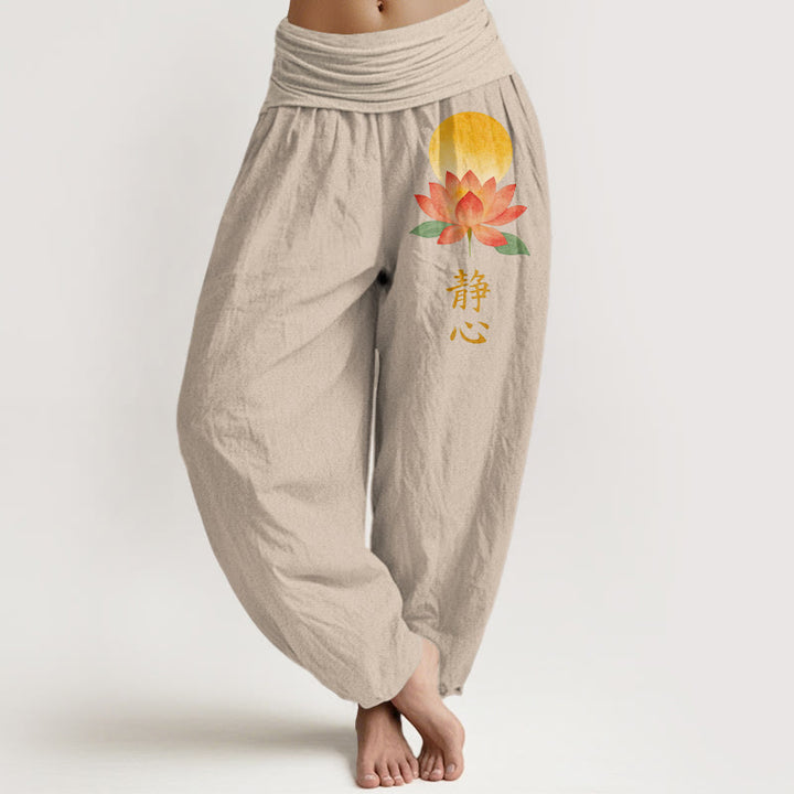 Buddha Stones Pantalones harem de algodón con estampado de flor de loto y luna llena para mujer, con cintura elástica. - Broncearse - US16，UK/AU20，EU48 (3XL) - image 11