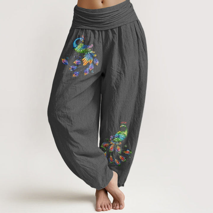 Buddha Stones Pantalones harem de algodón con estampado de pavo real colorido para mujer, cintura elástica. - Gris oscuro - US16，UK/AU20，EU48 (3XL) - image 8
